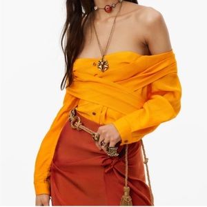 Zara Limited Edition Crop Off-the-shoulder Tie Detail Shirt Orange